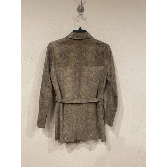 Express Jacket Womens 3/4 Tan Snake Print Faux Leather Belted Coated Trench Coat - Picture 5 of 5